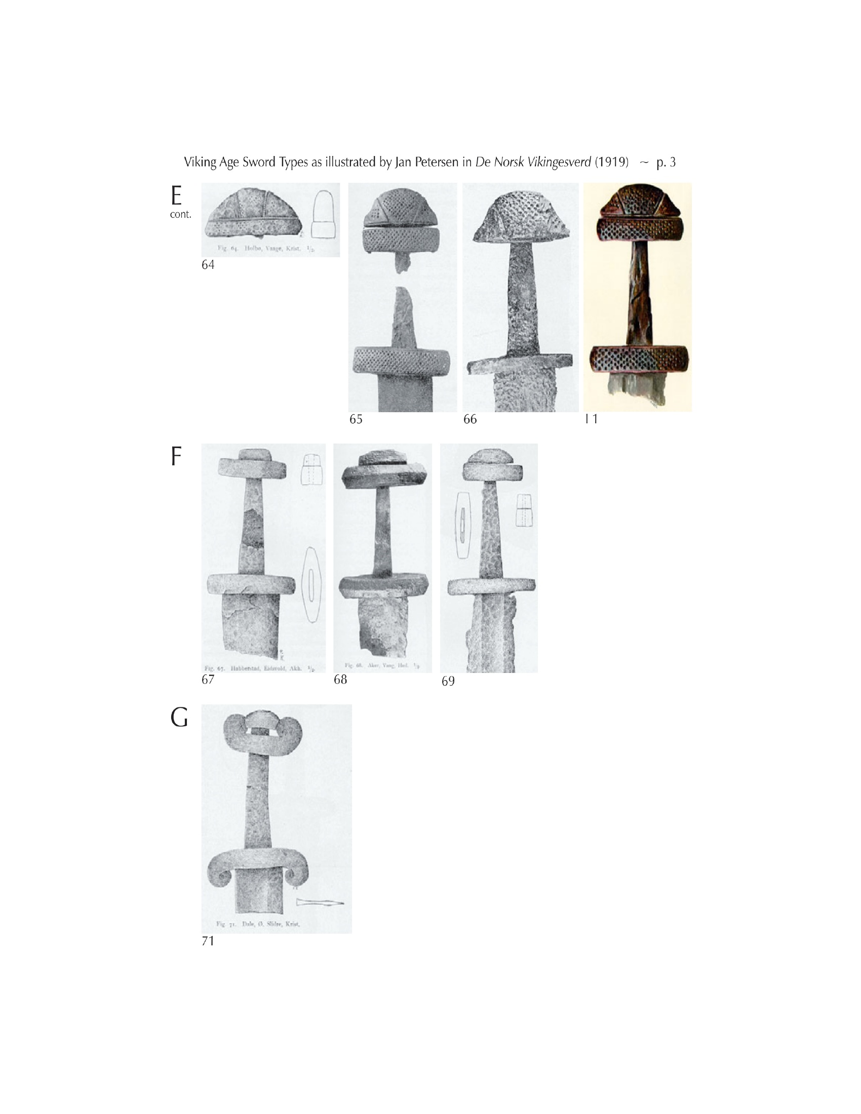 Viking sword types E F and G with variations in Viking guard and pommel design